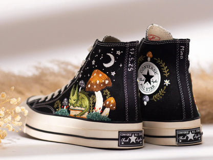 Converse Embroidery With Green Dragon & Mushroom Forest Fantasy, Unique Custom Shoes