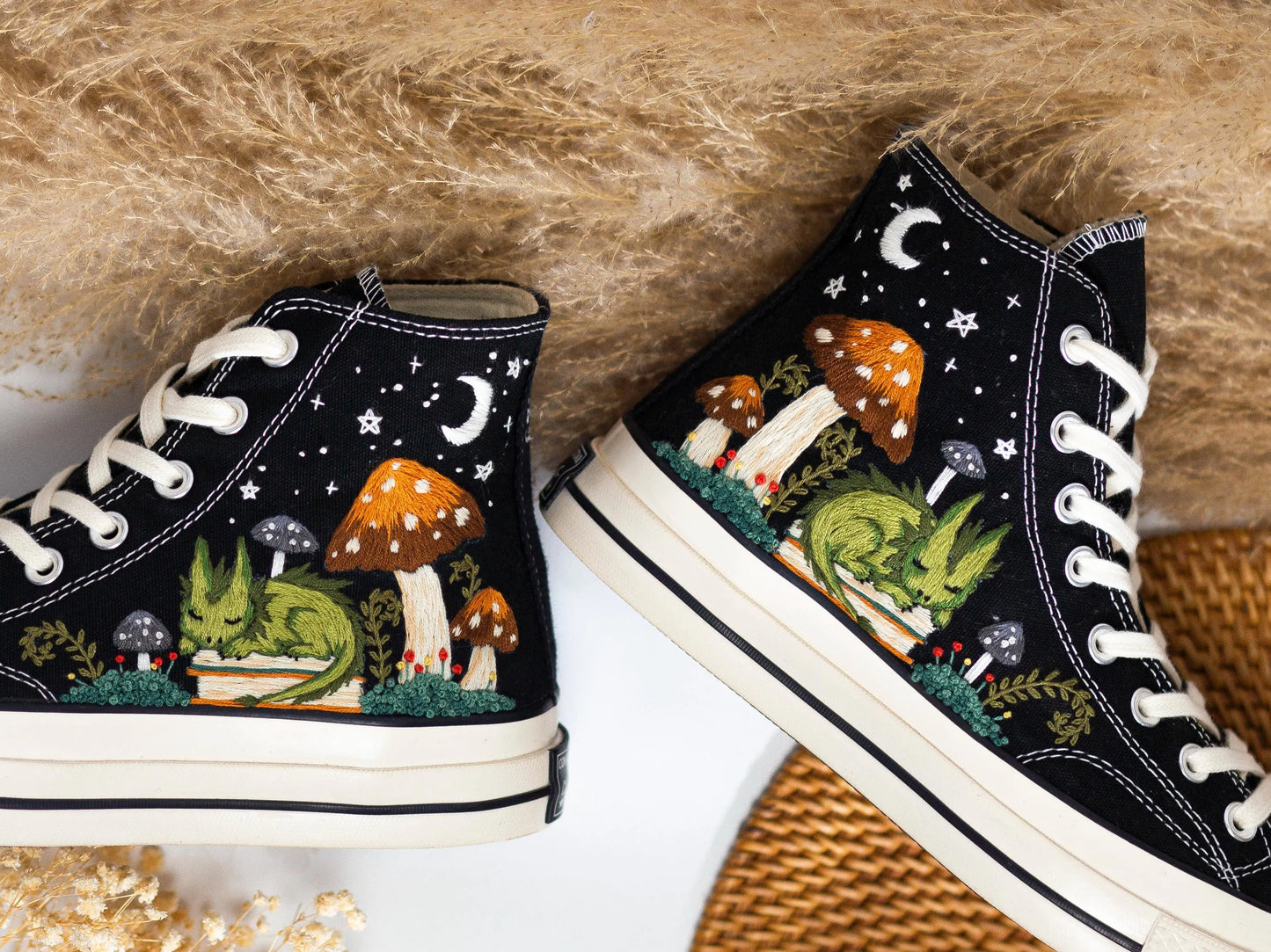 Converse Embroidery With Green Dragon & Mushroom Forest Fantasy, Unique Custom Shoes