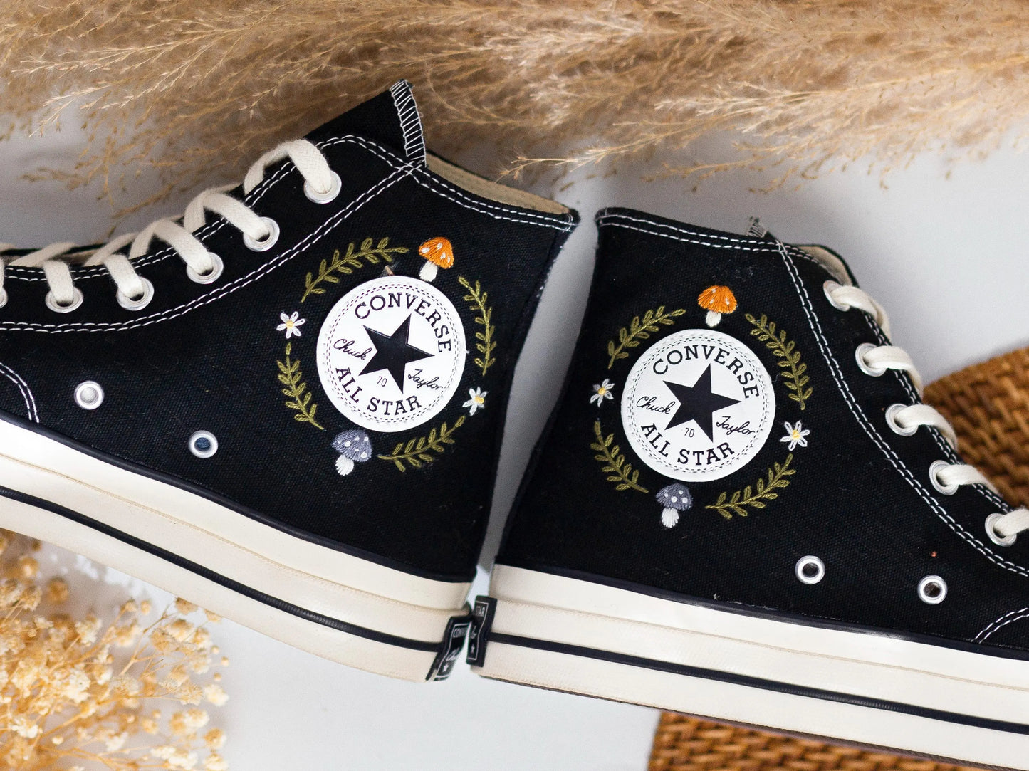 Converse Embroidery With Green Dragon & Mushroom Forest Fantasy, Unique Custom Shoes