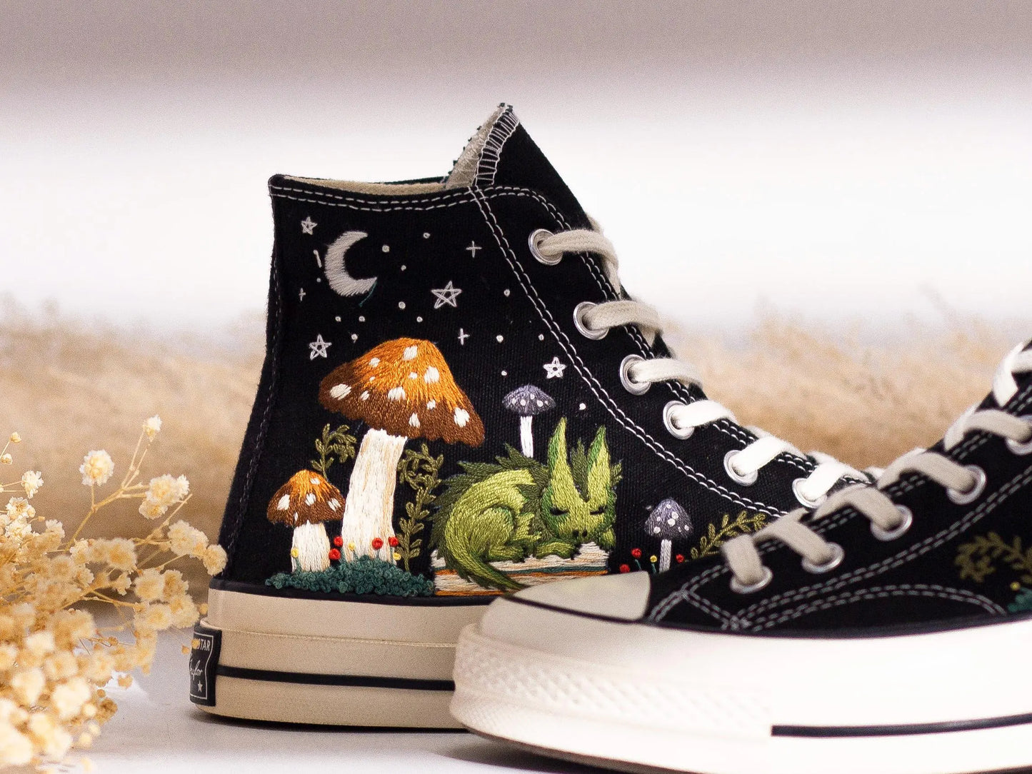 Converse Embroidery With Green Dragon & Mushroom Forest Fantasy, Unique Custom Shoes