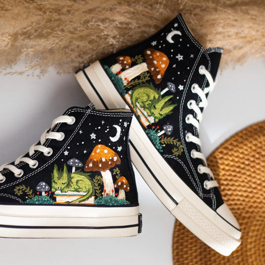 Converse Embroidery With Green Dragon & Mushroom Forest Fantasy, Unique Custom Shoes
